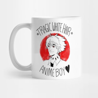 Tragic White Hair Anime Boy - Black Font Mug